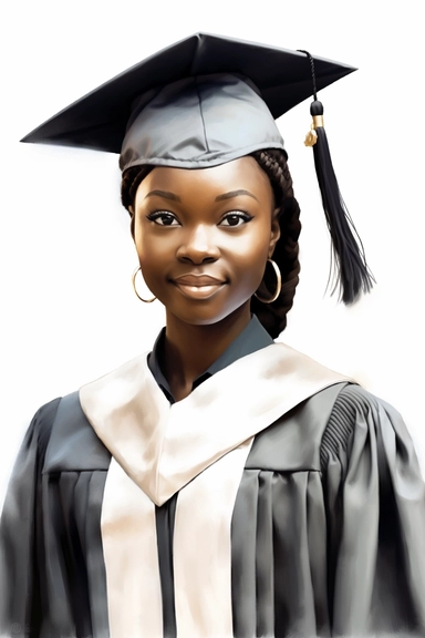 realistic watercolor drawing of dark skinned woman wearing a black and white cap and gown on graduation day clipart, front view, in style of Michiel van Huysum, subtle faded color variations, hyper-detailed hd clipart, on white background, spaced out