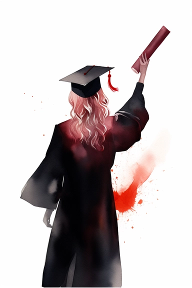 soft watercolor black red sillhouette of a proud happy female graduate holding a small thin scroll in the air, view from behind, clipart white background