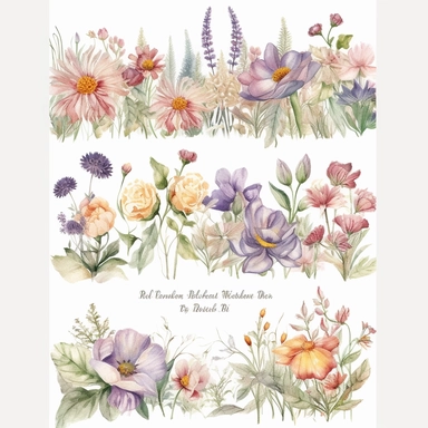 Create a stunning collection of ultra-detailed watercolor floral borders clipart, highlighting the beauty of wild flowers and providing premade borders perfect for wedding designs. The floral borders should be intricately painted, capturing the delicate details and organic flow of the flowers and leaves. Incorporate a diverse range of wild flowers, such as daisies, poppies, lavender, and other charming blooms, each carefully crafted to showcase their unique characteristics. Design premade border