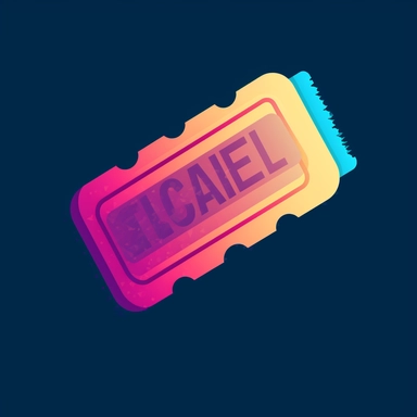 a clipart logo for a online ticketing company that represents a trustworthy timely buisness. Concert ticket. Cyan-Blue, Magenta-Red, Midnight blue background.
