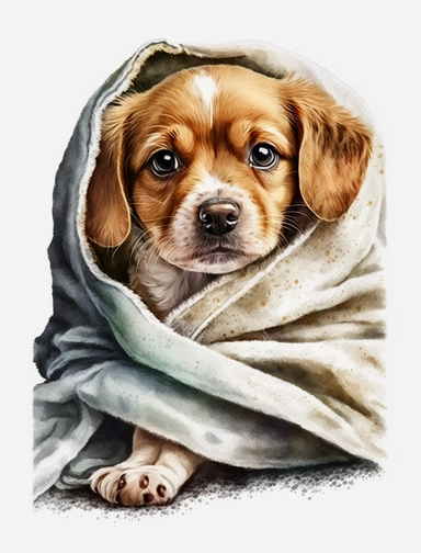 baby dog in a blanket, watercolor clipart, transparent background,