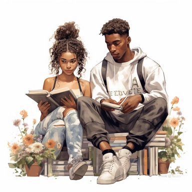 black, African American teen boys and girls reading in a library surrounded by books and daisies clipart, relaxed attired, messy buns, sweats watercolor style, hyper realistic, detailed, white background