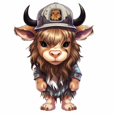 highly detailed clipart of a furry baby long haired breed cow child like toddler person with cow features standing up wearing a baseball cap and dressed in 2023 style hip hop rapper fashion and sneakers and jewelry. child like cow looking furry long haired breed of cow. cow nose and horns, Shein.com style clothing