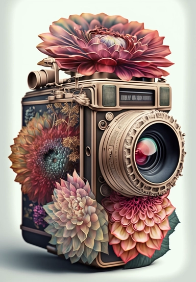 a watercolor vintage photo camera, profil view, surrounded by an intricate arrangement of dramatic extravagant ultra realistic digital multicolor 3D happy giant dahlias, in the style of large-scale photography, lush detailing, watercolor style, rich colors, sacred geometry, origamy, kaleidoscope, photorealistic, playfully intricate, made of flowers, bloomcore, 8K, clipart, clear background