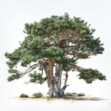 watercolor clipart of Scots pine tree, white background, white vines, 4k, octane render, detailed, hyper-realistic, cinematic, photography by Joel Meyerowitz, Roger deakins, Slim Aarons, Craig Mullens, artstation