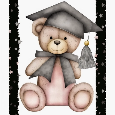 cute watercolour Teddy bear graduate stars, black and grey, Clipart isolated,
