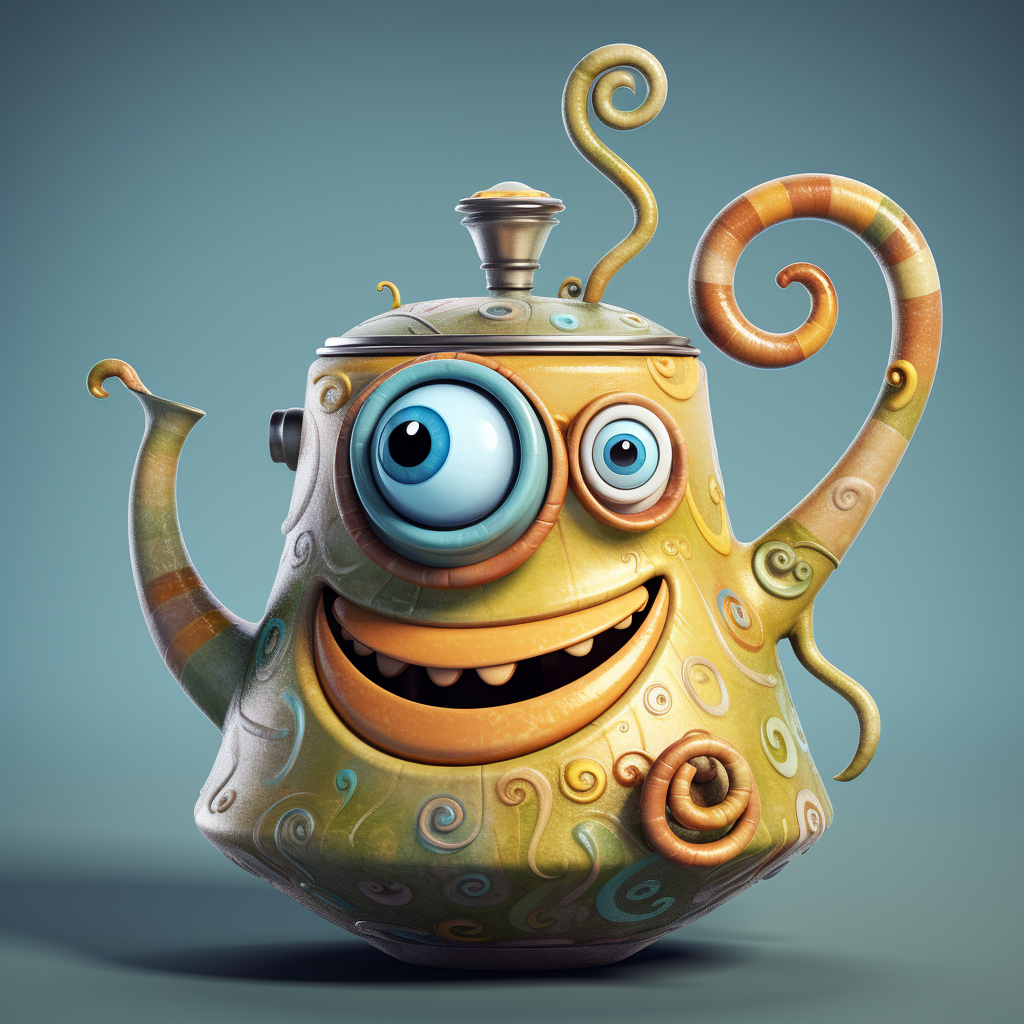 Whimsical magical wacky tea pot, dancing, large eyes, big smile, muted ...