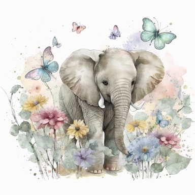 sweet charming illustration of baby elephant, flowers, soft and delicate colors, surrounded by butterflies, watercolor,white background, clipart