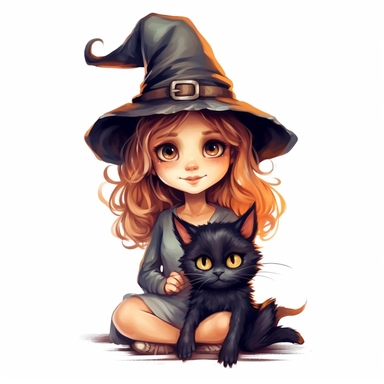 Little cute cartoon witch with a cat as clipart on a white background