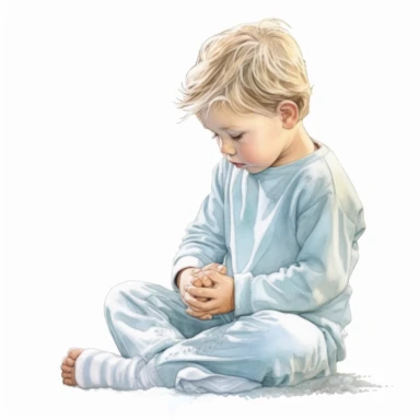 Watercolor cute kneeling praying little boy, facing left, pastel blue pajamas, beautiful details, ultra detailed, ultra photo real intricate detailed, high definition, graphic clipart, hyper realistic, detailed, white background