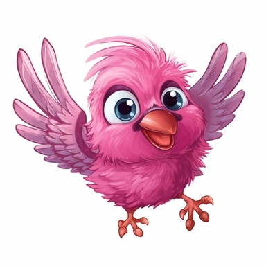 Pink happy cute bird, smiling, beautiful eyes, flying in the air clipart, in the style of cartoonish innocence, rough-edged 2d animation, birds-eye-view, playful caricature, in flight, no background, blink-and-you-miss-it detail