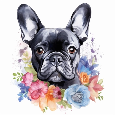 watercolour floral magnificent French bulldog beautifully detailed perfect realistic facial features four perfect legs and paws beautiful perfectly detailed french bulldog beautiful clear detailed graphics, png image,high resolution,300dpi,graphic clipart,computer graphics