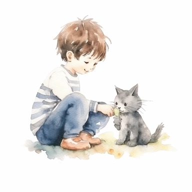 watercolor minimal hand draw doodle cat play with boy children cartoon illustration clipart sublimation, white background for removing background