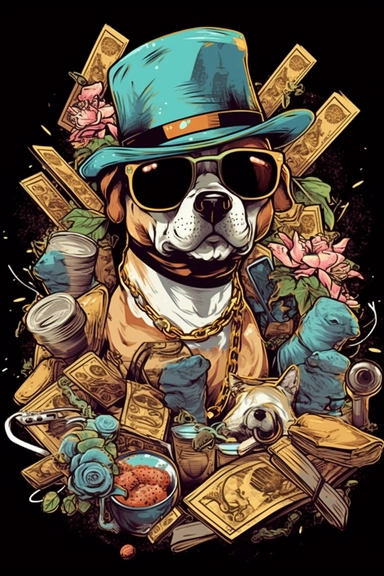 A detailed illustration a Skull of dog wearing expensive sunglasses and playing poker, with gentleman hat, smoking cigar, money around, dollar bills, t-shirt design, poker cards around his neck, jewlery on, t-shirt design, in the style of Studio Ghibli, pastel tetradic colors, 3D vector art, cute and quirky, fantasy art, watercolor effect, bokeh, Adobe Illustrator, hand-drawn, digital painting, highly detailed clean, vector image flat white background, isometric, vector image, clipart, front vie