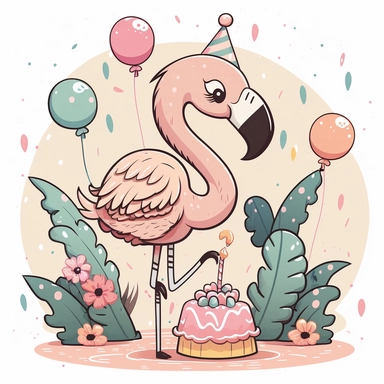 Flamingo kawaii birthday, cartoon, vector, sharp focus, super detailed, illustration, 16:9, v4, q2, 16k, High quality, clipart