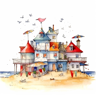 watercolour and ink quirky beach houses on the sand , with a sun umbrella, seagull , whimsical, clip art, white background, vivid colors