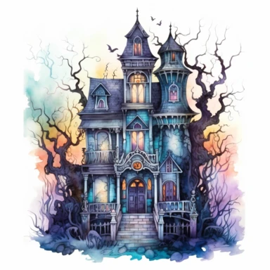 elaborate and detailed colorful watercolor haunted house, clip art, white background