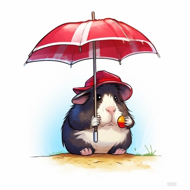 hyper-detailed clipart illustration of a happy Guinea Pig, sitting on a beach chair, wearing sunglasses and sipping a cold drink with a funny hat and a tiny paper umbrella, extreme close-up view, isolated on white background with margins, Studio Ghibli-style,