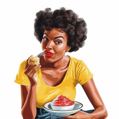 vintage 1950s illustration black woman eating Clipart, on a white background, vintage aesthetic, character focus, 4K resolution, no background, realistic rendering, use using Cinema 4D