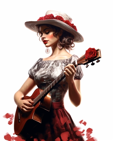 detailed beautiful lady facing me with vintage hat with red roses dressed in a vintage dress and playing a musical instrument, looking at the side, hyper realistic, isolated on white backgorund, clipart