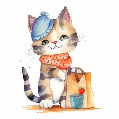 Playful watercolor clipart of a cute cat with a paper bag, capturing the playful and fun side of pets, with vibrant colors and soft details, perfect for a t-shirt design, delightful and charming, high-quality illustration, hand-painted with love, a great addition to any project.