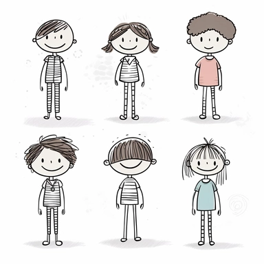 collection of 4 cliparts about a boy and girl stick figure, cute smiling faces, whole body standing, isolated, low details, oneline art, white background