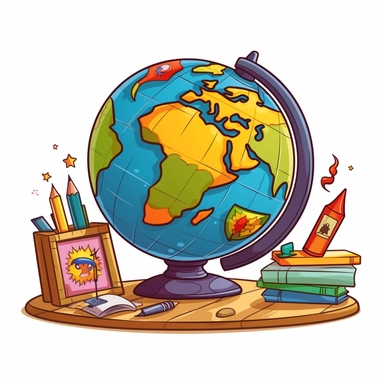 Transport your educational designs to a world of imagination and learning with a delightful cartoon-style clipart of a desk globe against a clean white background. Picture a charming and animated desk globe, featuring vibrant colors, cute facial expressions, and playful details. The continents and oceans on the globe can be depicted in an appealing and simplified manner, ensuring easy recognition while maintaining a whimsical aesthetic. Against the white background, the cartoon-style desk globe 