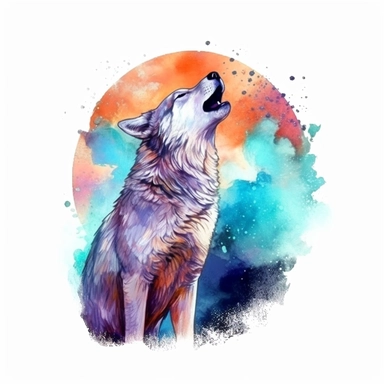 watercolor illustration of a beautiful and cute Wolf howling at the moon in nature dual exposure clipart, in the style of realistic watercolor paintings, realistic, detailed, bright colours, white background, clipart, detailed