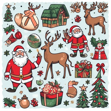 Design a clipart set depicting Santa Claus and his reindeer getting ready for Christmas Eve. Include images of Santa Claus in his sleigh, reindeer like Rudolph with his shiny red nose, and others with names and descriptions. Add other popular Christmas symbols like Christmas trees, snowflakes, candy cane, gifts, gingerbread men, elves, and stockings to provide a festive and vibrant experience. The clipart can be used in various holiday themed projects such as invitations, posters, greeting cards