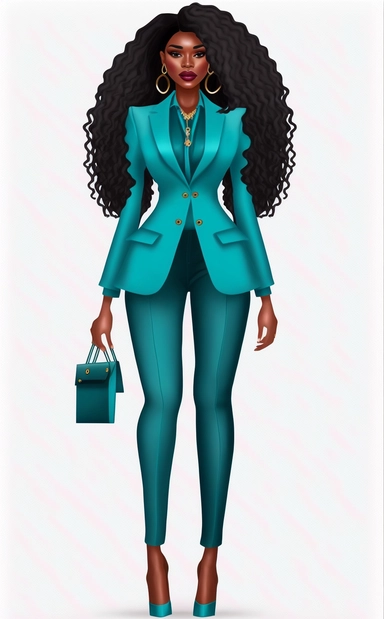 6 clipart black beautiful cartoony character slim woman in a aqua blue high waist blazer and pants, in the style of bold curves, full body ready-made