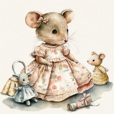 clipart watercolor realistic cute little mouse is playing with dolls and is dressed like a girl