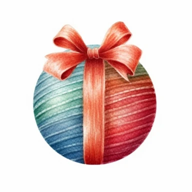 A Christmas ball and Bow, full color, knitted painting texture, Perfect for nursery art and children's book illustration style, simple, cute, full color, clipart, watercolor illustration, single object, high definition 8k, white background for removing background