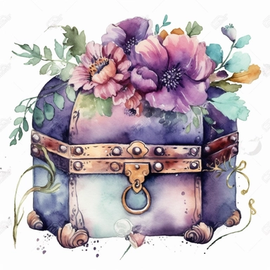 watercolor clipart of beautiful pastel old metal box wrapped with cord and purple flower ornaments ornament, vintage styl