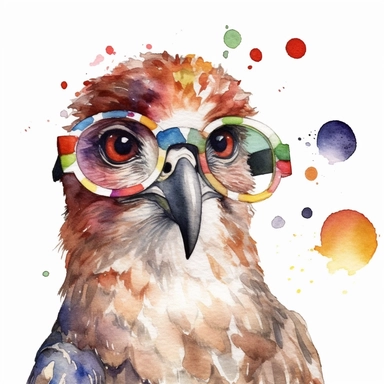please create watercolor clipart of a hawk smiling, wearing party GLASSES AND PARTY POPPERS, colorful, WHITE BACKGROUND