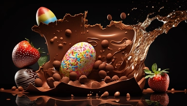 easter eggs gently sink into liquid chocolate, strawberry, chocolate bar, chocolate eggs, photo clipart, background, delicious, studio photographic light, many intricate details, harmonious composition, volumetric lighting, professional luxury food photographer, photographic lighting + f2. 8 80mm lens, lots of intricate details, canon, sharp focus, ureal photo realism, hyper-realism