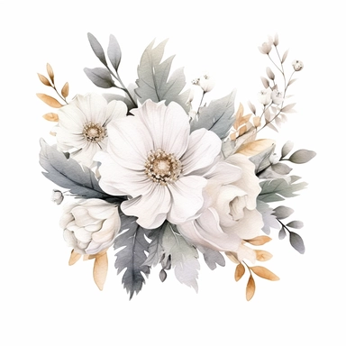 one white floral Watercolor clipart on a white background, in the style of digital gradient blend, dau al set, decorative borders, ue5, black background, kinuko y. craft, ephemera, no watermark, text, 300 DPI , typography, shapes do not stick together, no text in the picture, on a white background