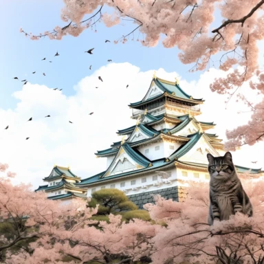 cherry blossoms laden on Osaka Castle Bottom, Siamese Cat wearing a Japanese kimono, sunset. Clipart Watercolor By Yuzo Komori. clean line, white background & space around. Bottom view