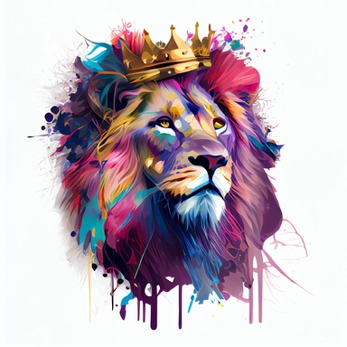Colorful art of a lion with a crown, clip art, no shadow, white background, hd hdhd, 8k, sharp,