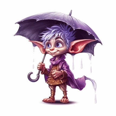 Cute Adorable magical little Elf with big pointed ears holds a umbrella in his hand wears a raincape and stand in the rain on a country road, clipart, photorealistic illustration, watercolor, high detail, 8k polished, 8k, vibrant colors, sticker, majestic, die cut, black and purple color, white background
