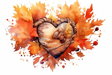 Watercolor, Design a heart shape using intertwined autumn leaves and acorns clipart, hd, on a white background, spaced out