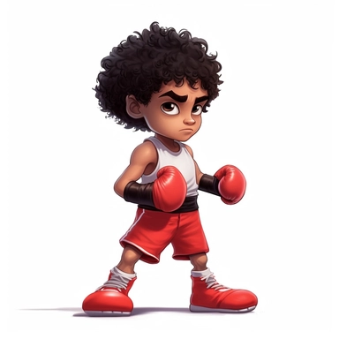 full body short black curly hair, puerto rican boy boxing, red gloves, red shoes, clipart, white background