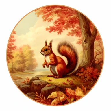 illustration of a squirrel collecting nuts, in the autumn forest, vintage clipart