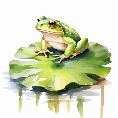 watercolor green frog on lily pad clipart, white background