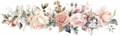 watercolor single row blush white pink roses bouquets clipart, white space on left and right borders, muted color faded