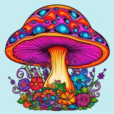 Trippy Mushroom psychedelic and vibrant clipart whimsical and surreal appearance, with bright and contrasting colors. It should evoke a sense of playfulness and a psychedelic experience Illustrative and cartoonish with exaggerated proportions and shapes Colors Vibrant and contrasting colors like neon pink, electric blue, lime green, and purple unique patterns and textures swirling patterns, dots, or gradients. It can also have eyes or other surreal elements incorporated into its design Transpare