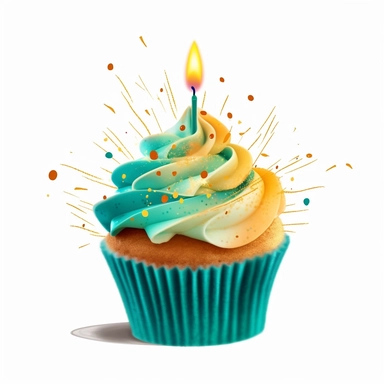 Delicious And Dreamy Gourmet Kid's Cupcake With A Birthday Candle, Teal And Gold, Clipart, HD, White Background