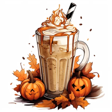 latte macchiato halloween themed, highly detailed color ink illustration, autumn season details, white background clipart 8k