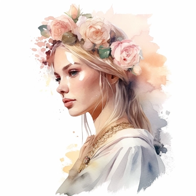 Glamorous and romantic wedding realistic watercolor, the beautiful profile of the bride, wearing an intricate jewelry Juliet cap veil, translucent, multi - layered, delicate, white and pink roses in her hair, very delicate colors, golden hour, fashion photography, watercolor clipart - - ar 3: 2 - - no watermarks, no text