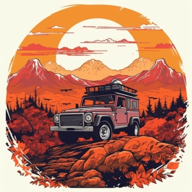 offroad floral advventure car 4*4 vehicle truck between high mountains and trees, vivid colors, sunset, clipart, hd, white background