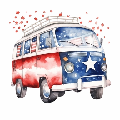 red white and blue american white stars, hippie van watercolor clipart